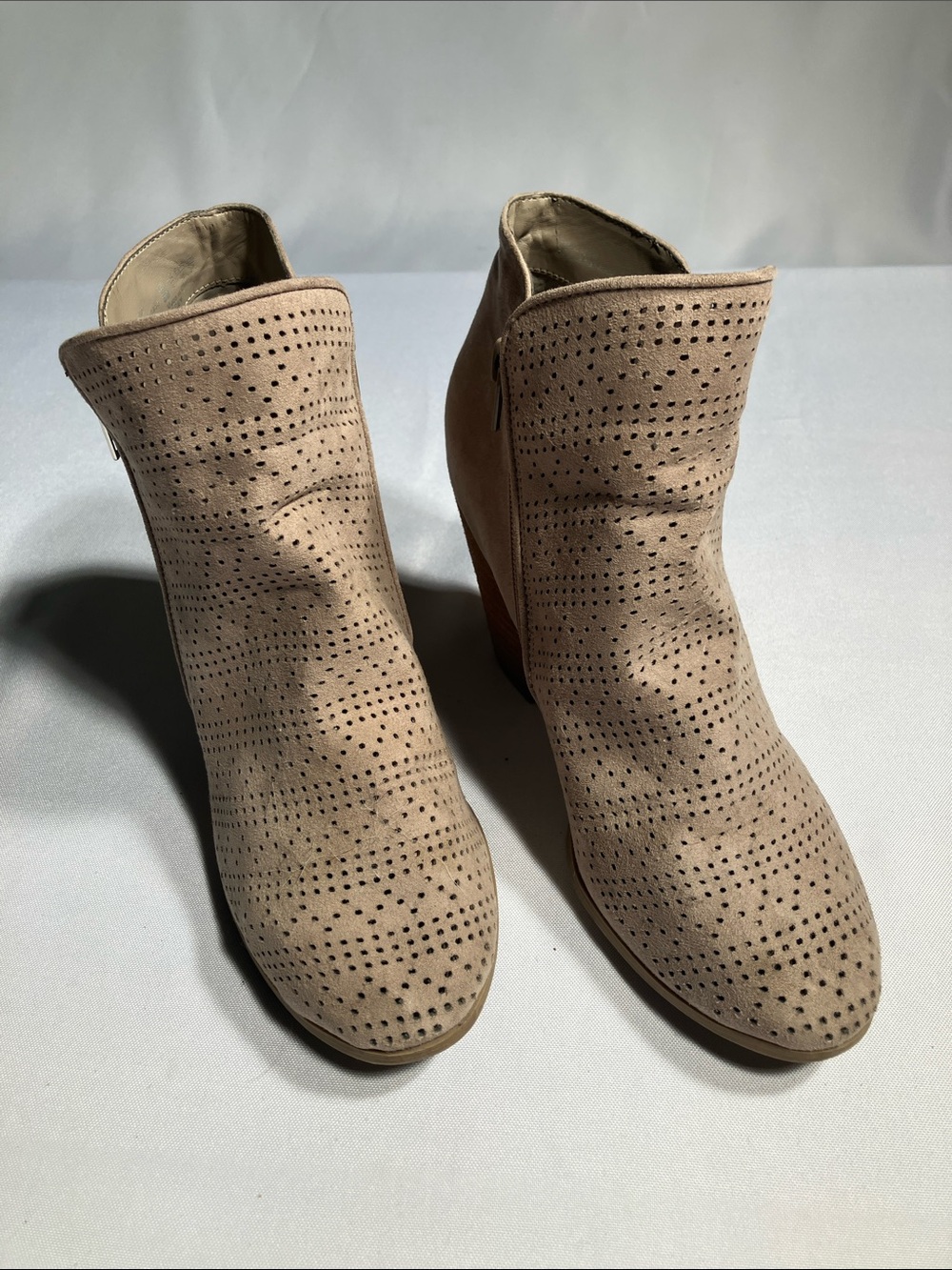 Carlos Santana Perforated Taupe Suede Ankle Booties